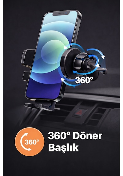 Araç İçi Telefon Tutucu Havalandırma Klipsli 360 Döner Ayarlanabilir Telefon Tutacağı Siyah