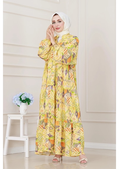 Sevitli Etnik Desen Robalı Elbise-sarı-5253 Sarı