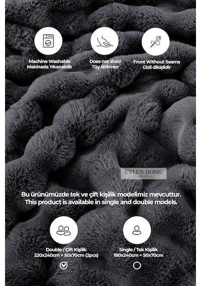 Evlen Home Kürk Yatak Örtüsü Çift Kişilik Dolgulu Peluş Yumuşak Çift Taraflı Yorgan 3 Parça Loria Antrasit Füme Antrasit