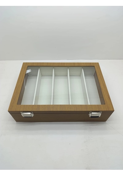 Cam Kapaklı Deri Kumaş Kahve-beyaz Renk 34 Cm / 24 Cm 5 Bölmeli Gözlük Sergileme Standı