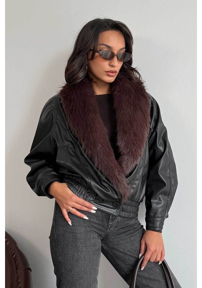Verymoda Yakası Kürklü Kruvaze Deri Mont F2050 Siyah