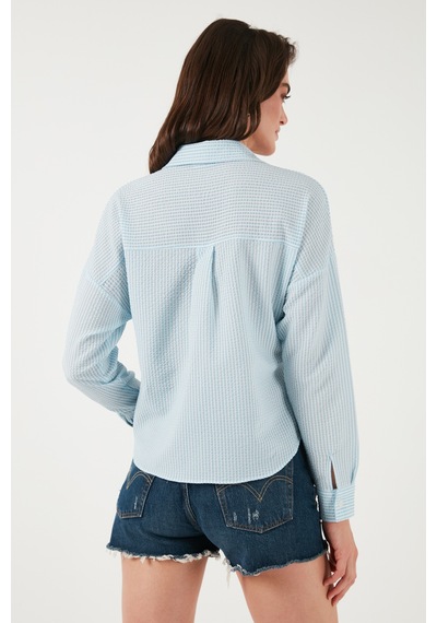 Lela Regular Fit Çizgili Göğüs Cepli Dokulu Bayan Gömlek 6772870 Bebe Mavi