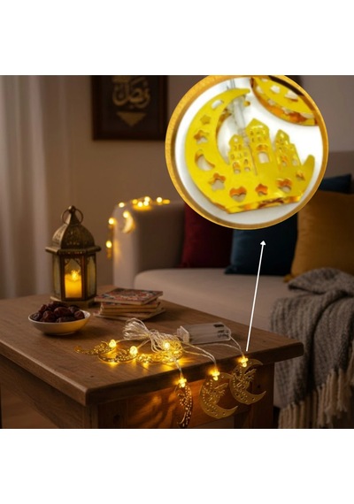 Minare Detaylı Hilal Led Ramazan Süsü Gold Metal Gövde, Günışığı Sarı, Pilli