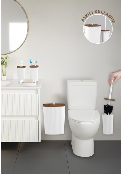 Safir Beyaz Ahşap Desenli Çizgili Banyo Seti 5 Parça Plastik