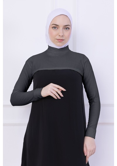 Loggia Balıkçı Yaka Boyunluklu Kolluk Gri - Likralı Dik Yakalı Kadın Body Tesettür Crop Bolero Gri