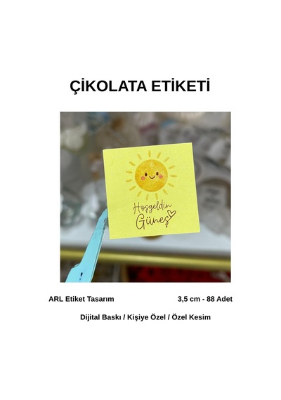 İsme Özel Güneş Figürlü Çikolata Etiketi 3,5x3,5 Cm 88 Adet -arl Etiket Tasarım Beyaz