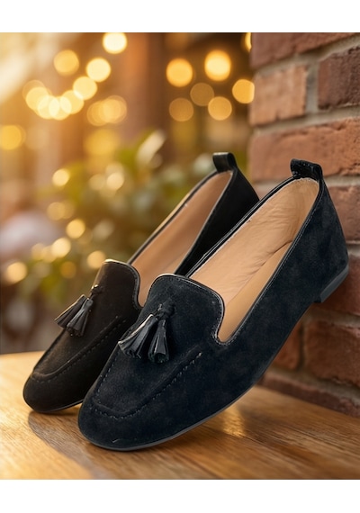 Futsishoes Mılet Siyah Süet Hakiki Deri Püsküllü Loafer Kadın Babet