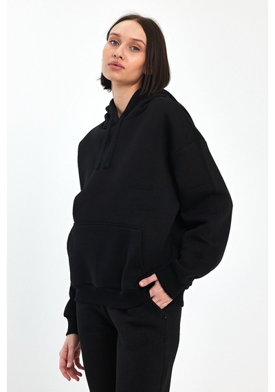 Odda Kadın Kapüşonlu Şardonlu Sweatshirt Siyah