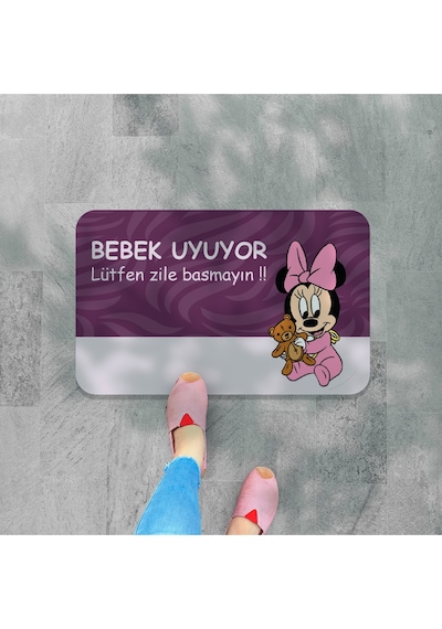 Bebek Uyuyor Yazılı Dekoratif Dış Kapı Önü Ve Iç Mekan Paspası Yıkanabilir Mor