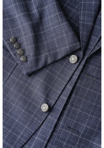 Bisse Lacivert Ekose Desenli Çift Düğmeli Blazer Ceket Pck26k26202 K39