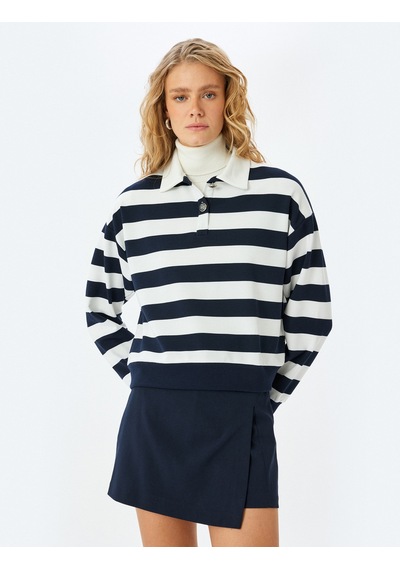 Koton Polo Yaka Sweatshirt Üç İplik Şardonlu Düğmeli Uzun Kollu Rahat Kalıp Lacivert Çizgili 5wak30004pk Koton Polo Yaka Sweatshirt Üç İplik Şardonlu Düğmeli Uzun Kollu Rahat Kalıp Lacivert Çizgili 5wak30004pk
