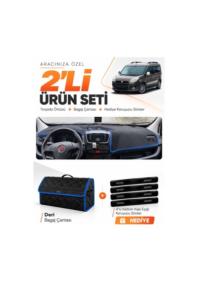 E-biz Fıat Doblo D3 2010-2013 Kapaksız Uyumlu Torpido Örtüsü + Deri Çanta - Siyah-mavi - Fı006
