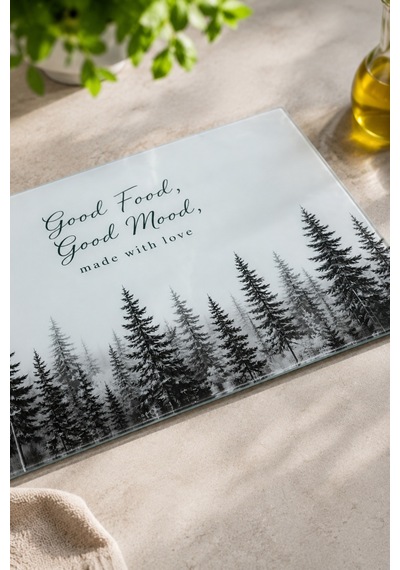 Good Mood Desenli Cam Kesim Tahtası - 25x35cm -dayanıklı Ve Pratik Kesim Matı Siyah