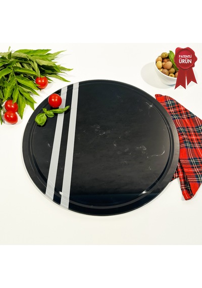Kanallı Cam Kesme Tahtası - Dark World Şeritli - Çap32cm