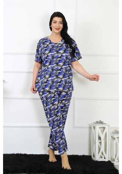 Akbeniz Kadın 5xl-6xl-7xl-8xl Büyük Beden Kısa Kol Pijama Takım 75010-saks Saks Mavi