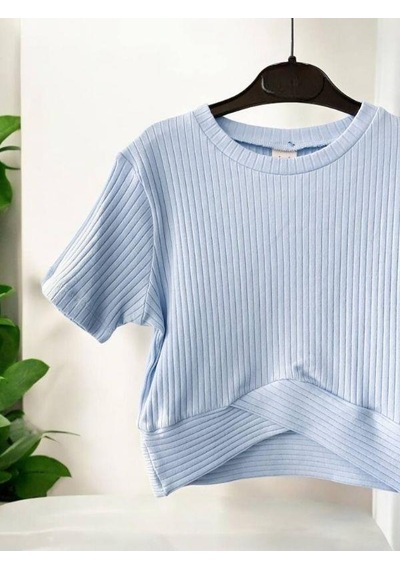 Zekids Kız Çocuk Fitilli Yarım Kol Crop T-shirt-14485 Mavi