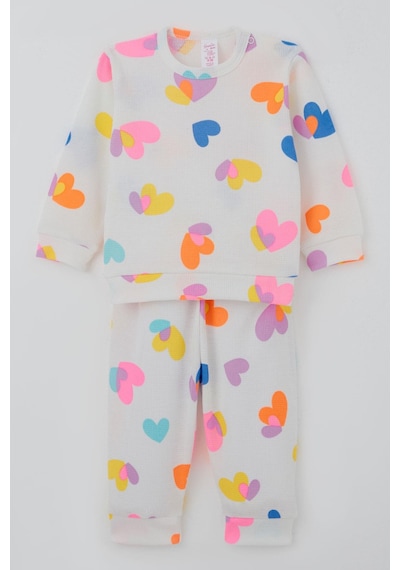 Breeze Kız Bebek Pijama Takımı Omuzdan Patlı Renkli Kalp Desenli 4 Ay-1 Yaş, Beyaz Beyaz