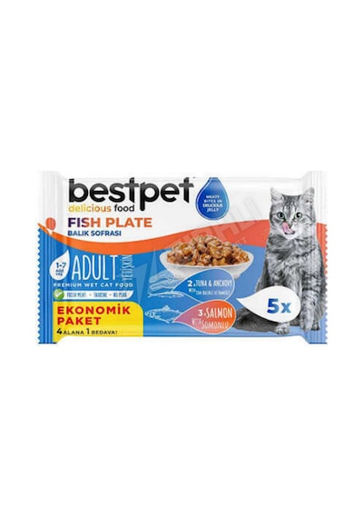 3 Adet Bestpet Somonlu Ton Balıklı Ve Hamsili Tahılsız Jöle İçinde Yetişkin Kedi Yaş Maması 5x85 Gr