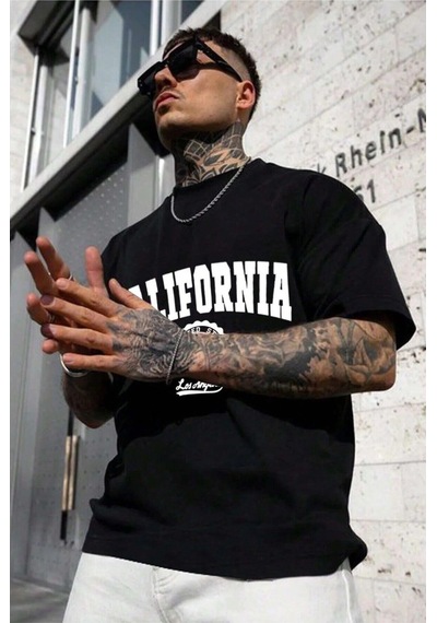 Hırsch Unisex Siyah California Baskılı Oversize T-shirt SIYAH
