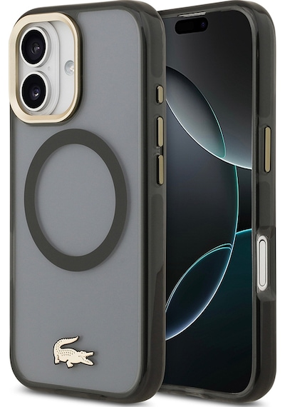 Apple Uyumlu iPhone 17 Kılıf Lacoste Lisanslı M-safe Şarj Özellikli Gold Timsah Logolu Buzlu Kapak Siyah Siyah