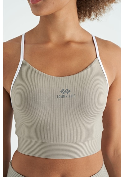 Tommy Life Zeytin Yeşil Sırt Çapraz Detaylı Logo Baskılı Dar Kalıp Fitilli Kadın Büstiyer - 97274 Yeşil