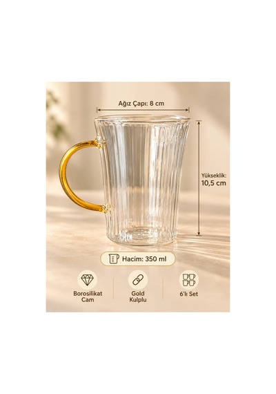Cambu Line Serisi 6 Lı Borosilikat Cam Kupa Seti 350 Ml Gold Kulplu Çizgili Cam Kupa Çok Renkli