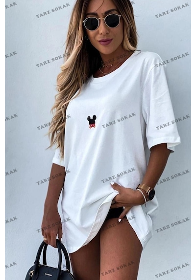 Tarzsokak Kadın Beyaz Sırt Baskılı Mickey Mouse Beyaz