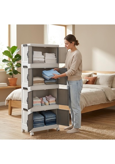 Piev Emayhome Çok Amaçlı Kilitli Kapaklı 4 Katlı İstiflenebilir Tekerlekli Organizer Dolap, Katlanabilir Plastik D Diğer