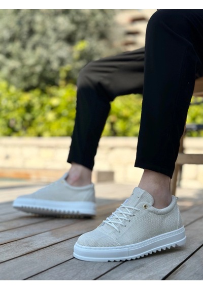 Ba0152 Bağcıklı Yüksek Taban Krem Keten Erkek Ayakkabı