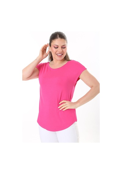 Şans Kadın Büyük Beden Neon Pembe Bisiklet Yakalı Düşük Kollu Bluz 65n37706-neon Pembe Neon Pembe