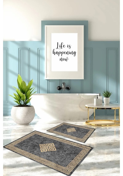 Buççin Online Mağaza Dijital Baskılı Yıkanabilir Çerçeveli Klasik Model Banyo Paspası Klozet Takımı Polyester Bej Çok Renkli