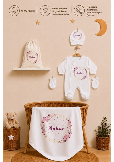 Pia Baby Kız Bebek Hediyesi İsme Özel Hastane Çıkışı Battaniyeli Tulum Seti %100 Pamuk Ham Bez Kıyafet Keseli 2023btkyx Ekru