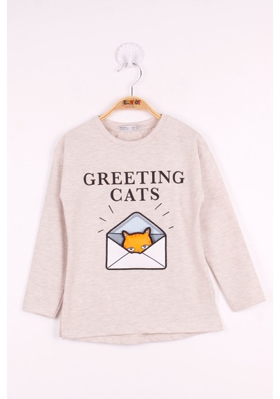 Toontoy Kids Toontoy Kız Çocuk Kedi Baskılı T-shirt Bej