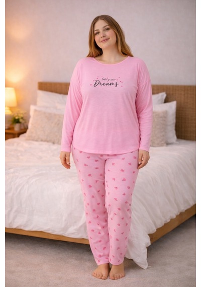 Nisanca Kadın Büyük Beden Uzun Kollu Rahat Pijama Takımı Yumuşak Dokulu Konforlu Ev Giyimi Pembe