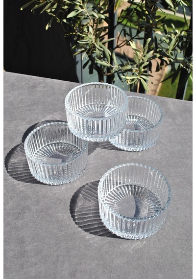 4 Adet Cam Kase Çizgili Kahvaltılık Meze Kasesi Çerezlik Şekerlik 10 Cm Şeffaf