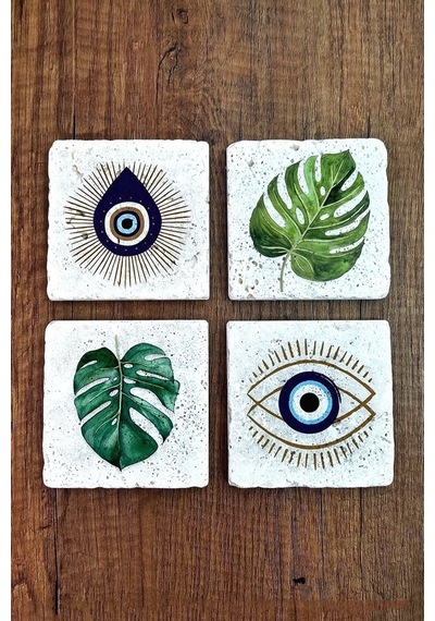 Doğal Taş Bardak Altlığı Nazar Ve Yaprak 10x10cm Stone Coasters 4'lü Set Çok Renkli