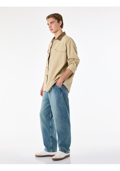 Koton Pamuklu Cepli Oversize Normal Bel Bol Skater Jean Pantolon Orta İndigo 6sam40369nd