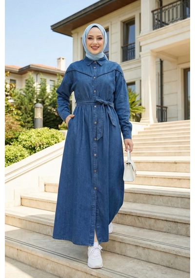 Hb Harma Time Butik Kadın Düğmeli Kuşaklı Koyu Kot Mavi Tesettür Elbise Koyu Mavi Hb Harma Time Butik Kadın Düğmeli Kuşaklı Koyu Kot Mavi Tesettür Elbise Koyu Mavi