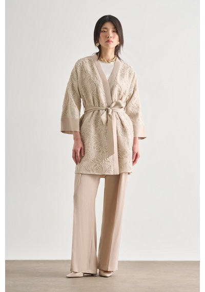 Desenli Mizalle Örgü Nakışlı Bej Rengi Premium Kimono Ceket Bej