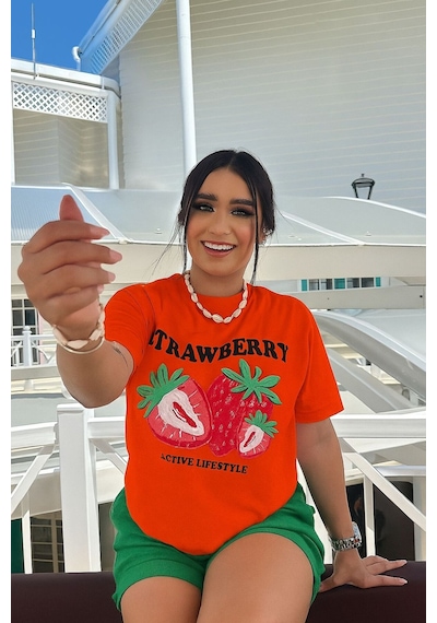 Strawberry Baskılı Unisex Tişört Turuncu