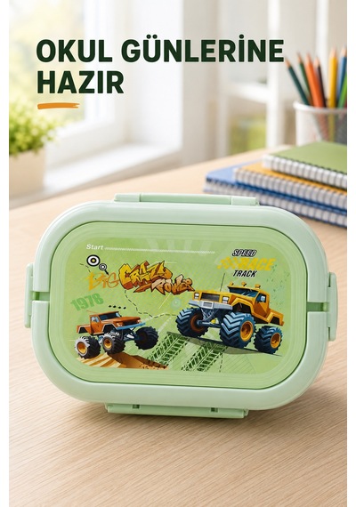 Mint Yeşili Araçlı Çocuk Beslenme Kutusu 6 Bölmeli Kilitli Saplı Okul Piknik Yemek Saklama Kabı Seti