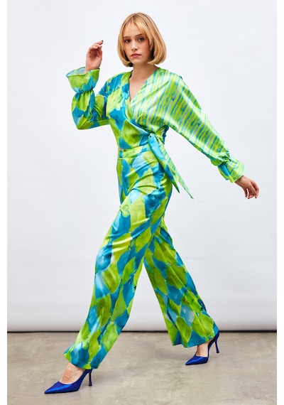 Sateen Yüksek Bel Desenli Pantolon - Mavi
