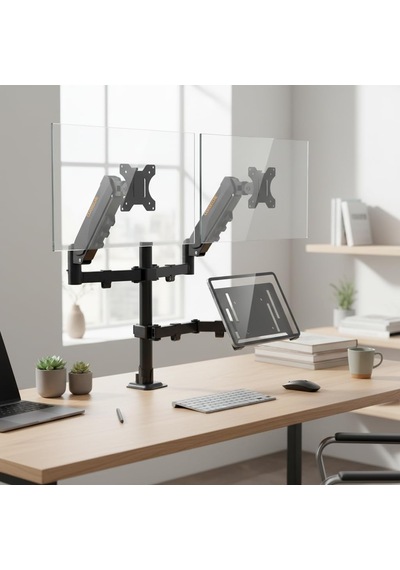 17 32 İnç Amortisörlü Çiftli Pivot Monitör Kolu Ve Tablet Kollu, Gazlı Yaylı, 2 9 Kg, Çift Montaj Seçeneği Sıkıştırma Ve Vidalama, 360 Döner, Vesa Uyumlu Stant, M03, Siyah