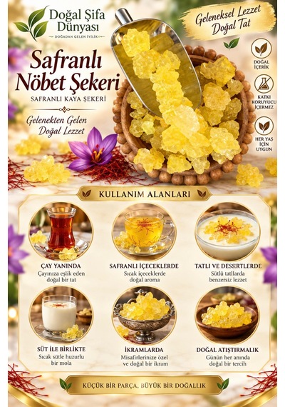 Safranlı Nöbet Şekeri 100 Gr Isıl İşlem Görmemiş Kristal%100 Doğal Nöbet Şekeri Saf Ve Kristal Şeker