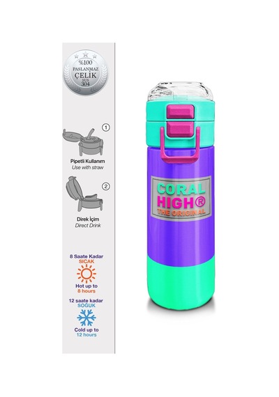 Coral High 500 Ml Kız Çocuk Pipetli Termos/matara - Mor Renk Detaylı Desenli - Çift Kullanım Özelliği Çok Renkli