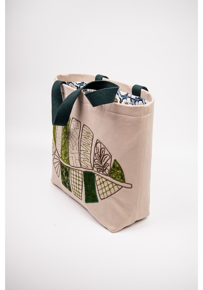 Fabric Craft Bag Omuz Çantası Duck Kumaş Patchwork Sashiko El İşlemeli Astarlı Telalı Günlük Çanta 44x34 Cm Acı Kahverengi - Bej