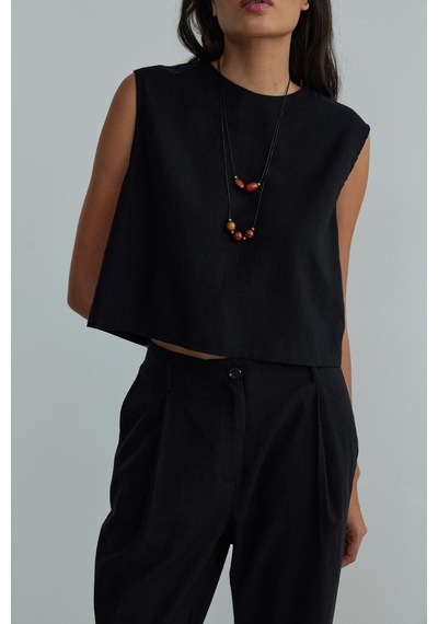 Suud Collection Siyah Lavin Sıfır Kol Keten Bluz