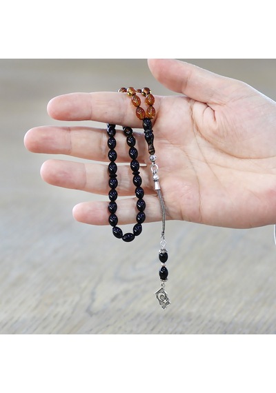 925 Ayar Gümüş Püsküllü Bilek Boy Süzme Sarı-Siyah Ateş Kehribar