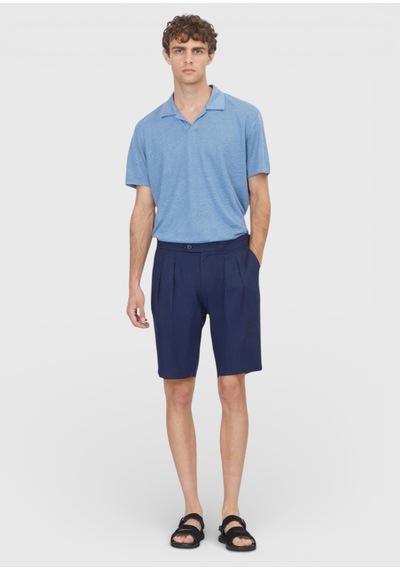Ramsey Lacivert Düz Dokuma Carrot Fit Casual %100 Keten Bermuda