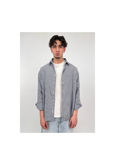 Zaee 404 Baskılı Kareli Oversize Gömlek Mavi / Beyaz